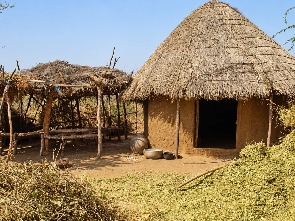 A thatched village home and shaded outdoor structure, with people digitally removed